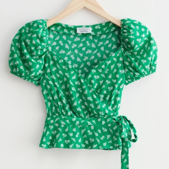 & Other Stories Tops - Floral Green Puff Sleeve Wrap Blouse, & Other Stories, Size 6
